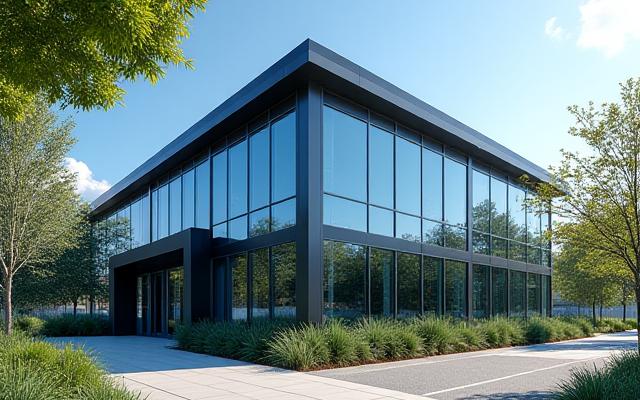 Modern office building exterior with Basilic Health signage