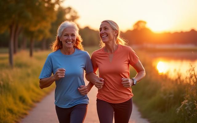 A couple in their 40s jogging outdoors on a scenic trail during golden hour, emphasizing cardiovascular health and enjoying nature together.