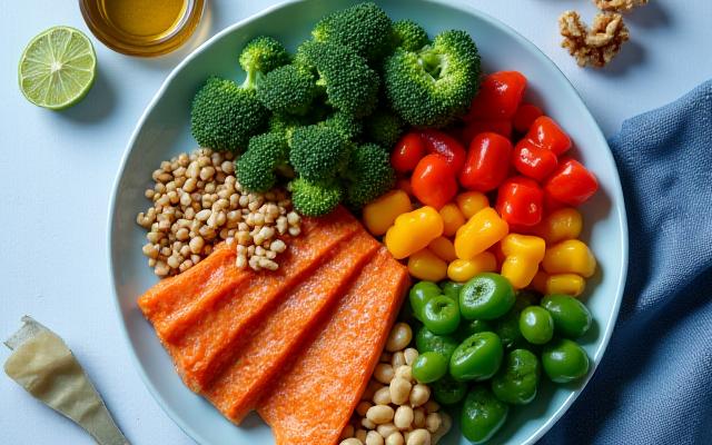 A balanced array of whole foods including lean protein, fresh fruits, nuts, and leafy greens, arranged aesthetically to represent a diet for longevity an adult over 35 years old.