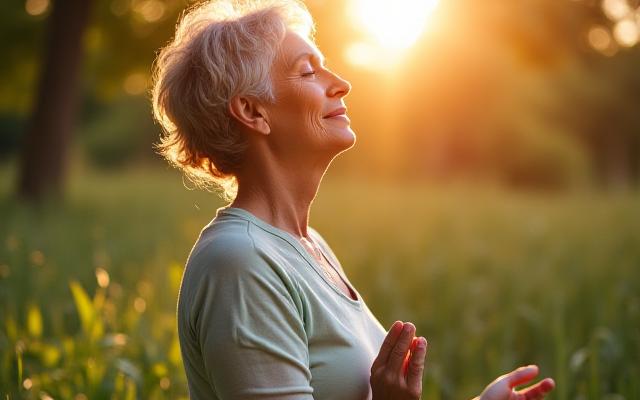 A serene woman meditating in a natural, sunlit garden setting, representing effective stress management and mindfulness practices.
