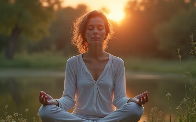 Woman meditating in a serene environment, symbolizing mindfulness.
